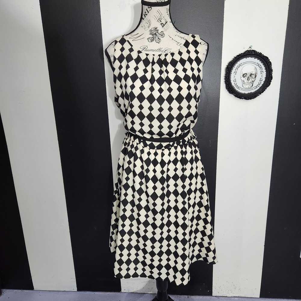 Anthropologie Black and White Diamond-Print Midi Dress